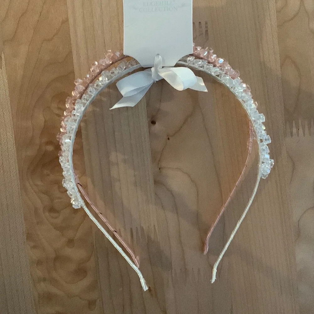 Edgehill Collection Girls Set of 2 Thin Headbands Pink/Clear Iridescent Bead NWT